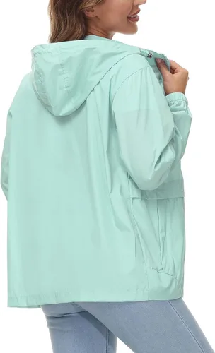 Vista 4 de Avoogue Chaqueta impermeable para mujer, ligera, plegable, con capucha, rompevientos para exteriores