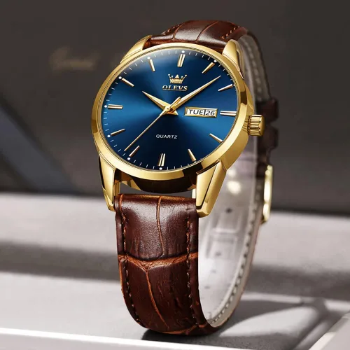 Vista 5 de OLEVS Tienda Watches, reloj de cuero marrón para hombre, reloj de fecha para hombre, reloj luminoso para hombre, reloj de vestir para hombre, reloj