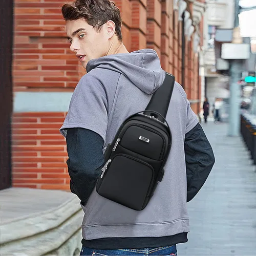Vista 29 de DUSLANG Mochila de hombro para senderismo, bolsa cruzada para hombres, bolsas de pecho con puerto de cargador USB para campamento casual, ciclismo