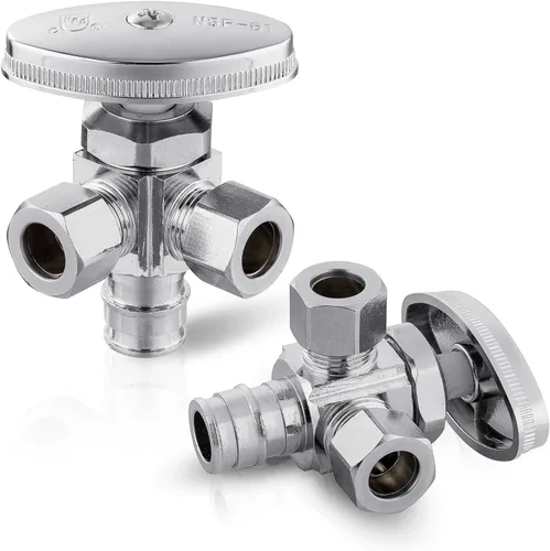 Vista 17 de EFIELD Válvula de parada de ángulo de giro múltiple con salida de compresión doble, 1/2 "NOM (5/8" OD) x (3/8 pulgadas x 3/8 pulgadas) cromo