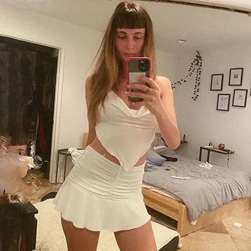Vista 4 de Blusa ombliguera de encaje con retazos para mujer, sexy cuello en V, tirantes delgados, que se transparenta, moda del año 2000 para chicas