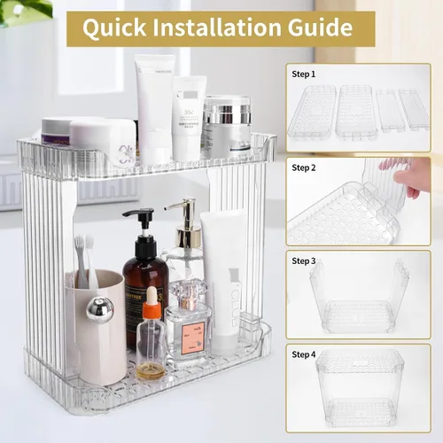 Vista 3 de Ayswupt Organizador Acrílico de 2 Niveles para Mostrador de Baño, Organizador de Maquillaje para Tocador, Estante Organizador Transparente
