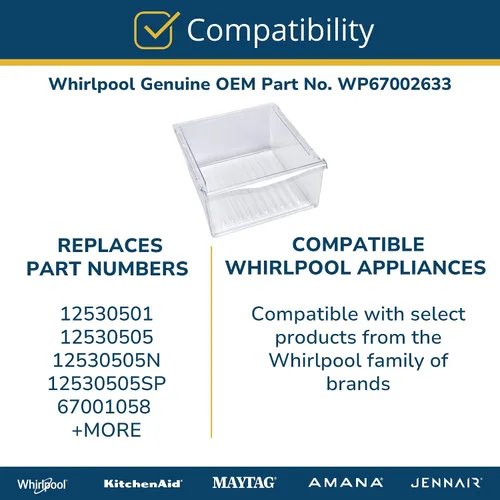 Vista 8 de Whirlpool WP67002633 Pieza de repuesto para cajón de fresas de refrigerador SxS original OEM - Reemplaza 12530501, 12530505, 12530505N y más