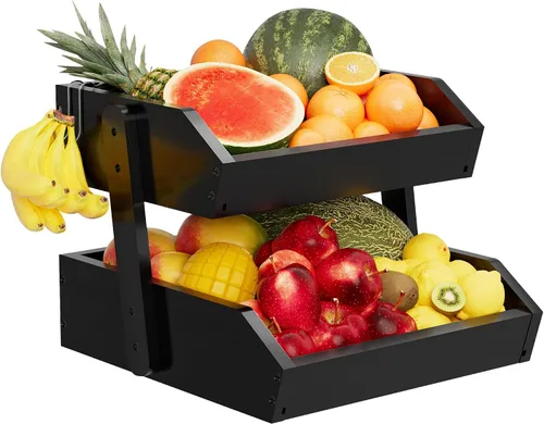 Vista 15 de Cesta de frutas de bambú de 2 niveles para encimera de cocina, encimera de almacenamiento de frutas de gran capacidad, soporte para frutas