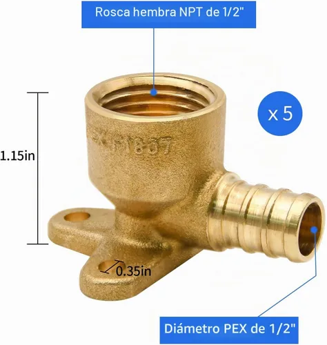 Vista 2 de Paquete de 5 accesorios de codo de oreja, PEX 1/2" x 1/2" NPT hembra adaptador roscado de crimpado, latón, puerto completo para tuberías PEX