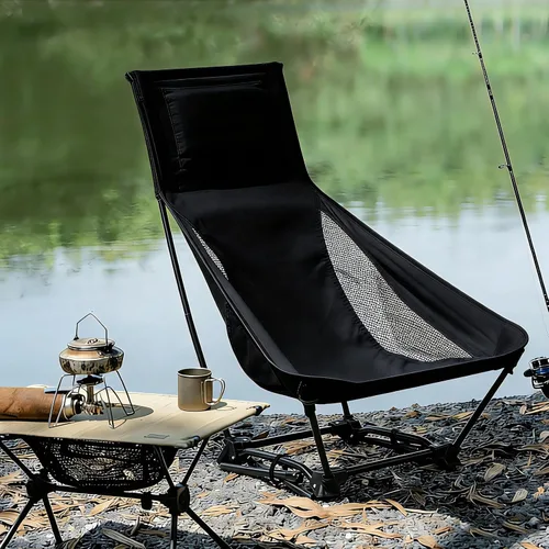 Vista 6 de Silla de camping plegable de respaldo alto con almohada, silla portátil ligera para adultos, ajuste de altura 2 en 1, reclinación profunda