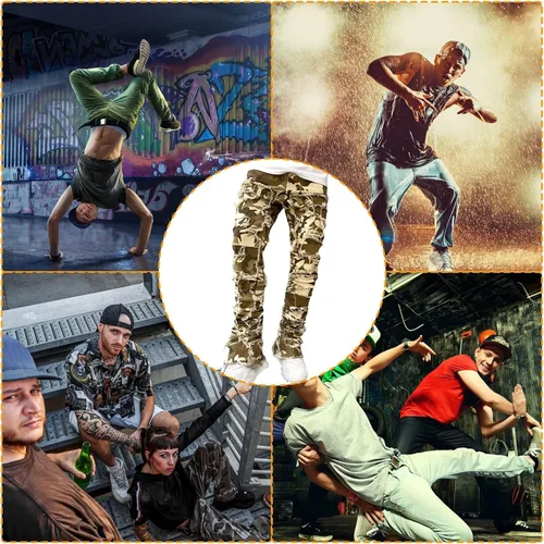 Vista 4 de BBAUER Jeans apilados para hombre, S-XXL Pantalones elásticos apilados relajados, pantalones de mezclilla ajustados transpirables con bolsillos