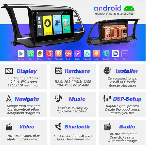 Vista 3 de para Elantra 2016 2017 2018 Android pantalla táctil compatible con Carplay inalámbrico Android Auto, radio de coche estéreo Bluetooth navegación