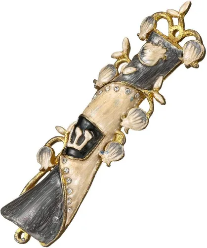 Vista 3 de Matashi Mezuzah para puerta con pergamino, pintado a mano gris y dorado esmalte mezuzah funda, ramas y cristales de granada, forma de cuerno