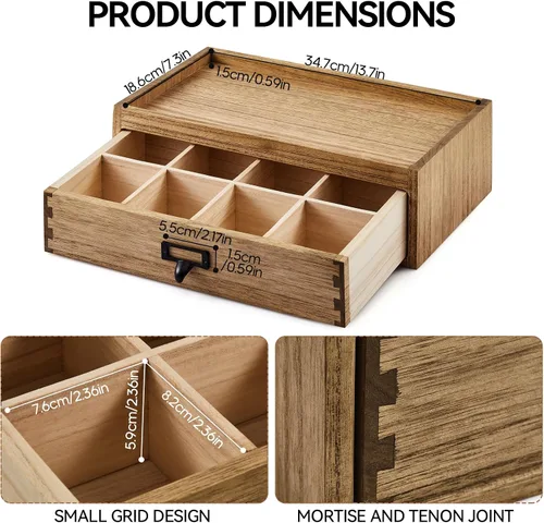 Vista 3 de KIRIGEN Caja de almacenamiento de té de madera maciza de Paulownia con 8 compartimentos, gabinete de té de madera hecho a mano con mango de metal