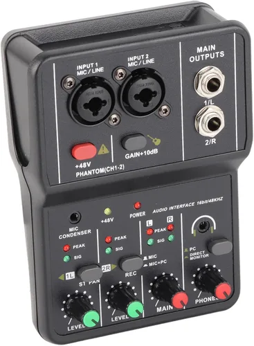 Vista 7 de Mezclador de audio, 2 canales, mezclador estéreo de audio USB 48 V, consola de mezcla de sonido compacta para grabación de música, karaoke en casa