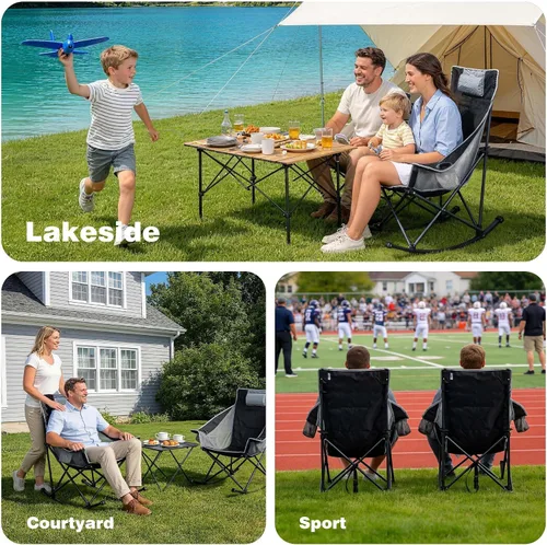 Vista 7 de SUNNYFEEL Silla de Camping con Balanceo, Silla Reclinable de Lujo Acolchada, Silla de Césped Plegable Extragrande con Bolsillo, Silla Resistente