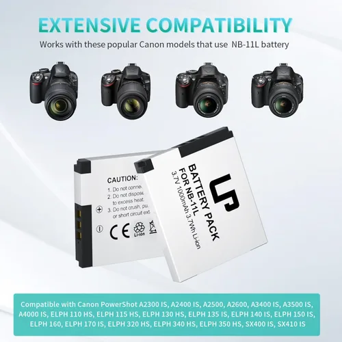 Vista 2 de LP Batería NB-11L, paquete de 2 baterías de 1000 mAh compatibles con Canon PowerShot A2300, A2400, A2500, A2600, A3400 es, A3500 es, A4000 es, ELPH
