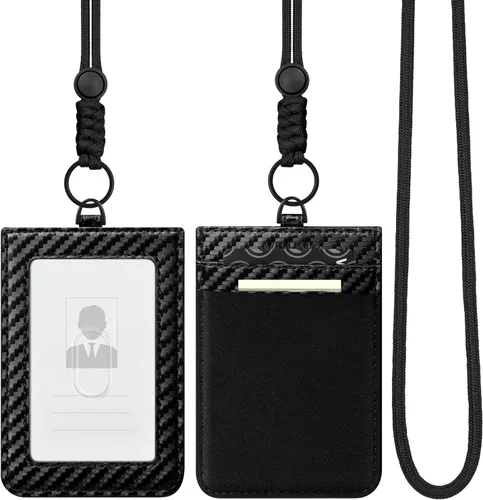 Vista 8 de VULKIT Soporte para tarjetas de identificación con cordón para mujeres y hombres, soporte vertical de cuero con ranura transparente para tarjetas