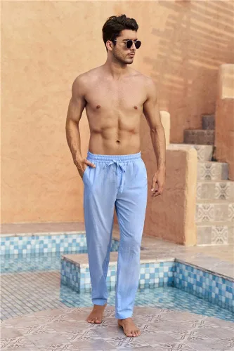 Vista 2 de Karlywindow Pantalones de lino para hombre, casuales, sueltos, ligeros, con cordón, cintura elástica, pantalones de verano para yoga y playa