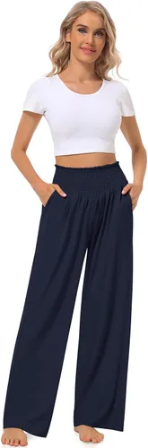 Vista 4 de TARSE Pantalones de yoga de pierna ancha para mujer, con volantes fruncidos, cintura alta, cómodos, pantalones de pijama, casuales, holgados