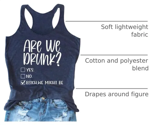 Vista 2 de Camiseta sin mangas con espalda cruzada para mujer, con texto en inglés "Am I Drunk", con texto en inglés "Am I Drunk" Azul