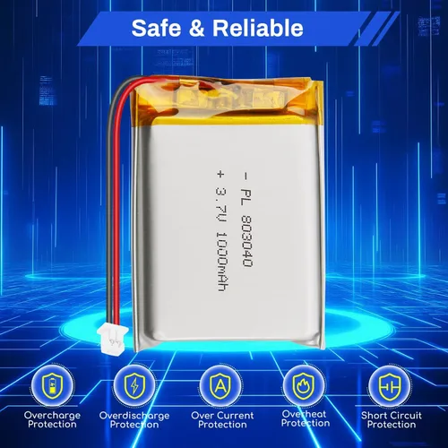 Vista 2 de Paquete de Batería LiPo de 3.7V 1000mAh 803040, Batería de Polímero de Litio Recargable 1S con Protección PCM, Conector Micro JST de 1.25mm de 2