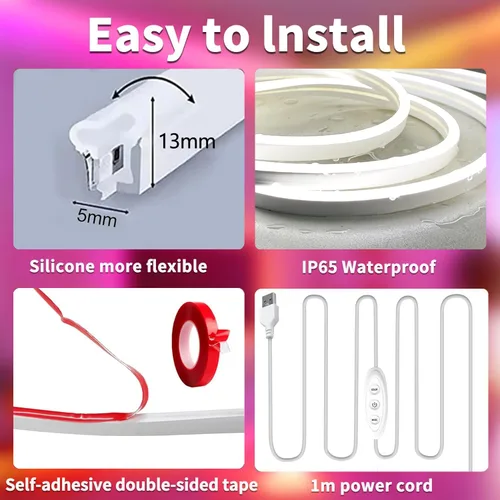 Vista 7 de Tira de luces LED de neón, tira de luces LED alimentada por USB de 3.3 pies, tira de luces de cuerda LED de 5V con sincronización de música y cambio