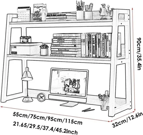 Vista 2 de Hutch Display Shelf Office 2 Tier Desktop Bookshelf/Bookcase - Trapezoidal Wood Countertop Hutch Bookshelf, Storage Home Decor Shelves, for Home