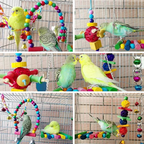 Vista 6 de 8 piezas de juguetes para pájaros y cacatúas, accesorios de jaula de loros, juguete de madera para masticar, perca para periquitos, conures, pájaros