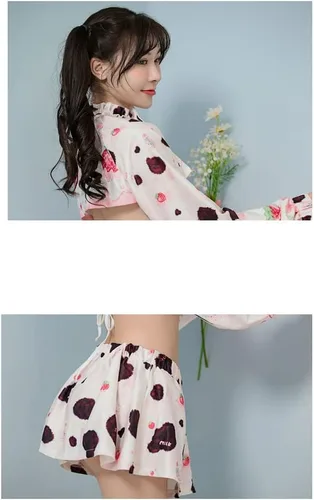Vista 3 de Disfraz sexy de anime para mujer, Lolita Kawaii Milk Cow Juego de rol, falda de lencería traviesa traje de criada