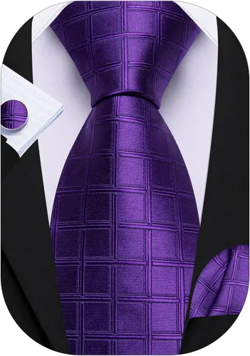 Vista 138 de Barry.Wang Juego de corbatas a cuadros para hombre con pañuelo gemelos de rayas clásicas