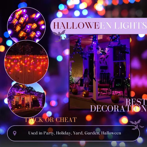 Vista 5 de Guirnalda de luces moradas y naranjas de Halloween, se pueden conectar entre sí, 2 unidades, 164 pies, 400 LED, 13 modos, impermeable