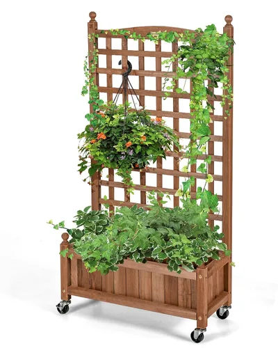 Vista 12 de Giantex Cama elevada móvil para plantas, maceta de madera con enrejado y ruedas, caja de flores para escalada de plantas, jardín vertical