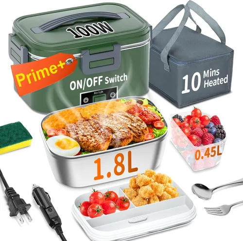 Vista 10 de Lonchera eléctrica térmica para adultos con 2 envases de 1.8L, interruptor de encendido/apagado de alimentación y 0.6L de doble capa, calentador