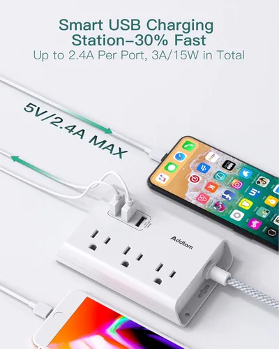 Vista 3 de Regleta protectora de sobretensiones, 8 tomas amplias con 4 puertos USB (1 toma USB C) y 3 salidas con 3 puertos USB, cable de extensión de enchufe
