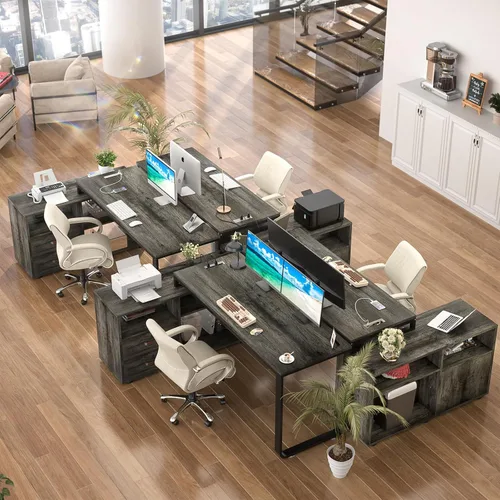 Vista 8 de Homieasy Escritorio en forma de L con archivador y toma de corriente, escritorios reversibles de esquina grandes de 55 pulgadas con tira LED