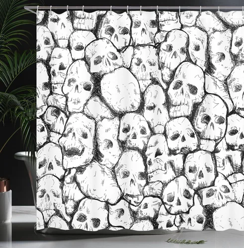 Vista 3 de Ambesonne Cortina de ducha de calavera, motivos de cabeza unida, fósiles espeluznantes abigarrados, impresión de ilustraciones oscuras y esbozadas