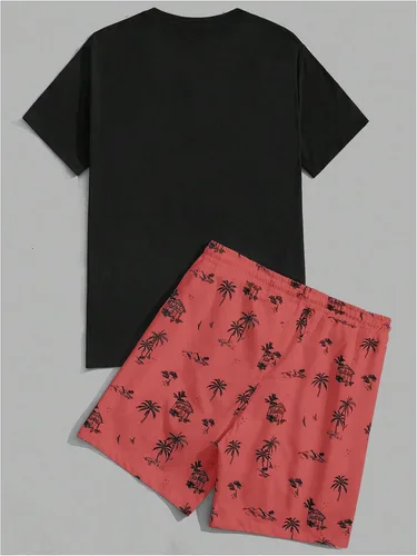 Vista 78 de GORGLITTER Conjunto de 2 piezas de camiseta gráfica de manga corta para hombre, estampado hawaiano con cordón y pantalones cortos