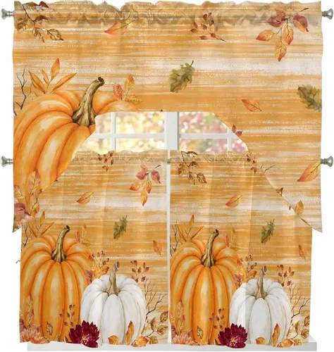 Vista 13 de Thanksgiving Fall Swag Kitchen Curtain Sets with Valance, Orange White Pumpkins 3 Pieces Curtain Drapes Rod Pocket for Bedroom Living Room Bathroom