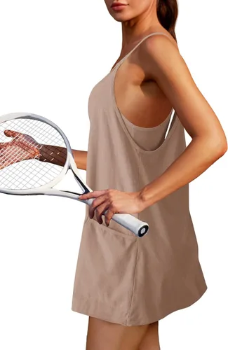 Vista 2 de Nirovien - Vestido deportivo para mujer, minivestido de entrenamiento con pantalones cortos, sin mangas, con tirantes delgados, ideal para golf