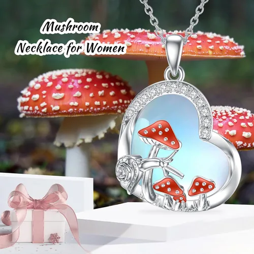 Vista 6 de LELOUCHY Moonstone Necklace for Women 925 Sterling Silver Heart Necklace Highland CowMushroom Pendant Necklace Cute Animal Necklace Jewelry Gifts