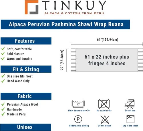 Vista 5 de TINKUY PERU - Chal de alpaca peruana de pashmina Ruana, 61 x 22 pulgadas, talla única