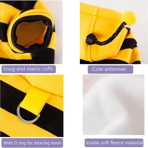 Vista 4 de Disfraz de abeja para perro, diseño de abejorro amarillo, sudaderas con capucha para perros pequeños, ropa de invierno para gatos, sudadera