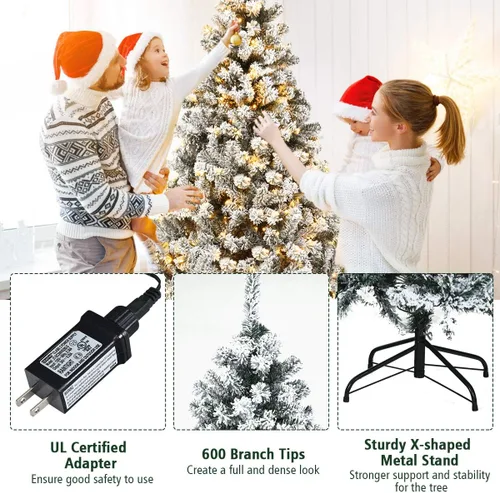 Vista 4 de Nightcore - Árbol de Navidad artificial preiluminado de 6 pies, pino con bisagras flocadas de nieve con 600 puntas de ramas y 250 luces LED, base