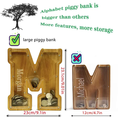 Vista 4 de Alcancía Personalizada de Madera con Alfabeto -Alcancía de Niños -Alcancía para Niños y Niñas -Alcancía de Monedas -Banco -Puede Usarse como Regalo