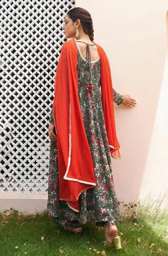 Vista 7 de Janasya Conjunto Kurta Embellecido con estampado floral digital rosa Georgette para mujer