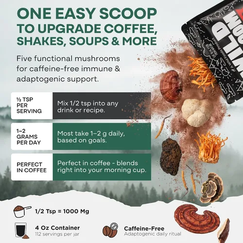 Vista 3 de Wild Foods Mezcla de hongos salvajes Reishi, Chaga, Cordyceps, cola de pavo y melena de león - Paquete de 4 onzas - Reductor de estrés adaptogénico