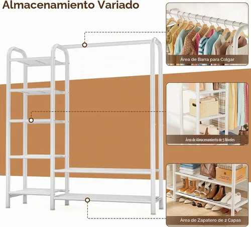 Vista 2 de Perchero resistente con estantes de 5 niveles, carga máxima de 670 libras, perchero de metal multifuncional portátil independiente con sistema Blanco