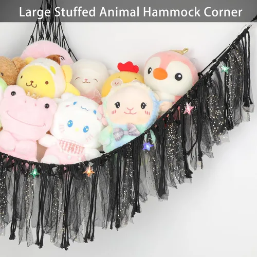 Vista 4 de Hamaca de animales de peluche con luces LED, red grande de almacenamiento de juguetes de 59 pulgadas para dormitorio de niños, organizador de felpa
