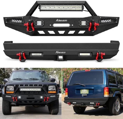 Vista 7 de Parachoques delantero para Cherokee XJ, AAIWA parachoques de acero con barra de luz LED y soporte de placa de cabrestante compatible con Cherokee XJ