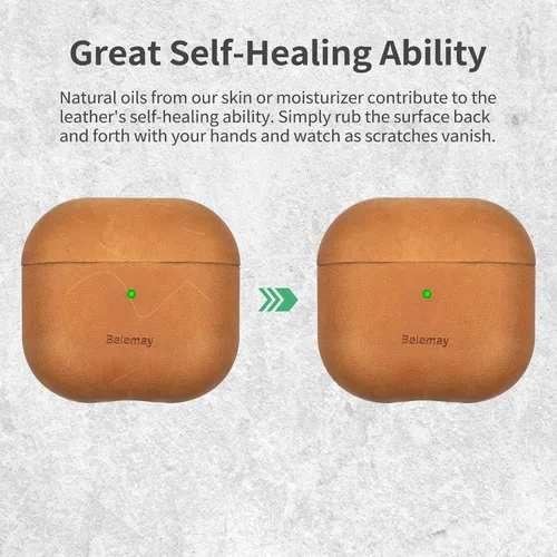 Vista 4 de Belemay Funda para AirPods 4, compatible con MagSafe, cuero de caballo loco prémium [estética vintage], pátina rica, agarre cómodo, compatible
