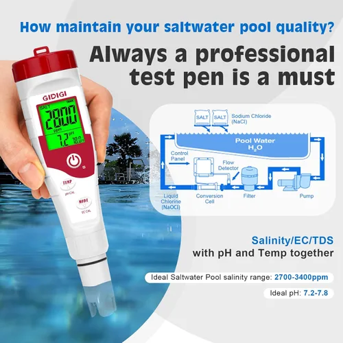 Vista 3 de Probador digital de sal de piscina,Medidor de salinidad de pH para piscina de agua salada,Medidor de sal 5 en 1 Probador de agua de piscina