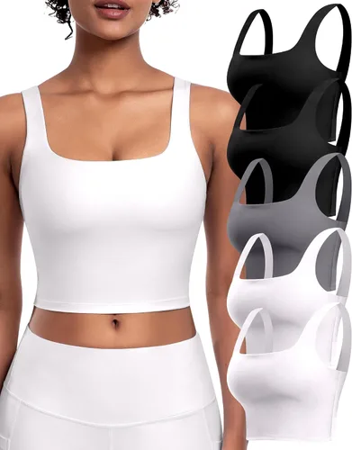 Vista 19 de Sujetadores deportivos para mujer, paquete de 5 unidades, cuello cuadrado, camiseta corta sin mangas acolchada para yoga con almohadillas integradas