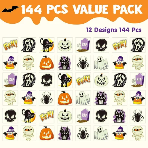 Vista 2 de JOYIN 144 tatuajes temporales brillantes de Halloween, 12 diseños luminosos de Halloween, calabaza, fantasma, calcomanías de tatuaje para niños